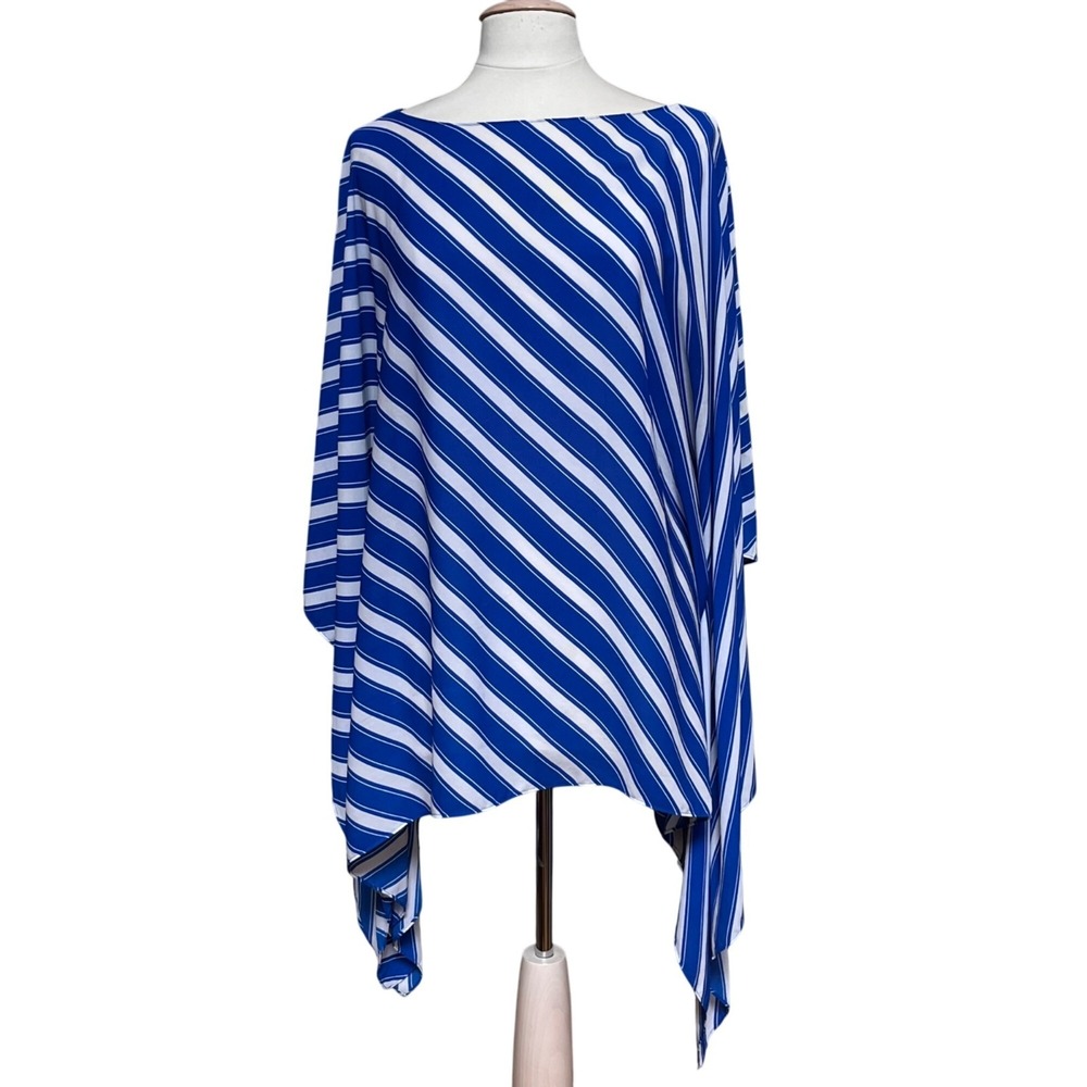 Vince Camuto Womens Blue & White Striped Asymmetrical Poncho Top Size 2X